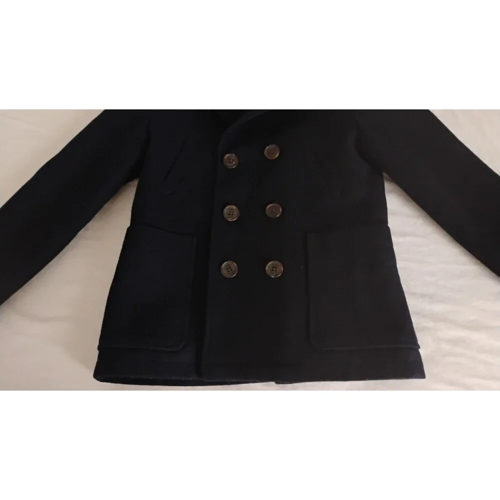Mini Boden Boy's Navy Wool Pea Coat 7-8 Yr GC Plaid Flannel Lining Preppy Rare